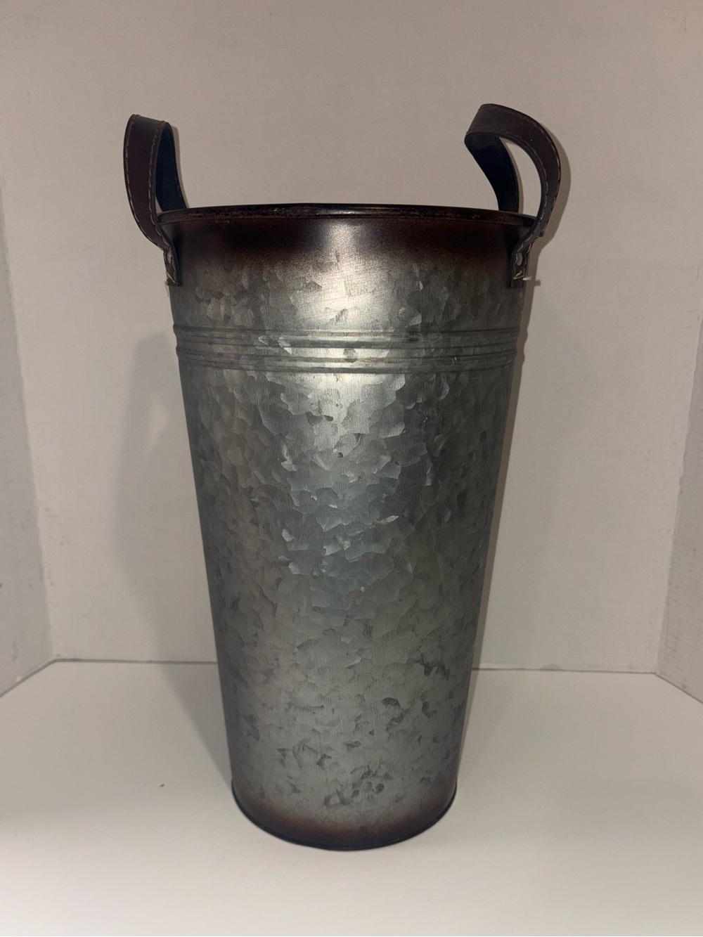 Galvanized Metal Tapered Vase with Brown Accent Handles